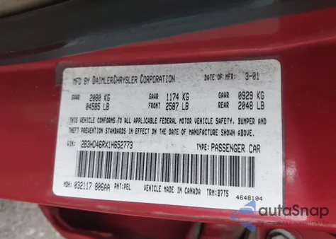 2001 Dodge Intrepid Se from USA, damaged, VIN 2B3HD46RX1H652773